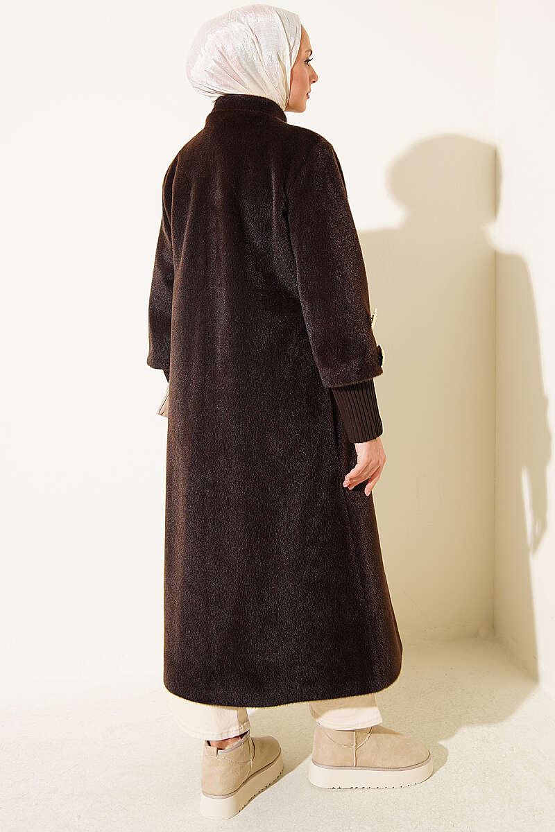 Faux Fur Coat with Brooch - Dark Brown
