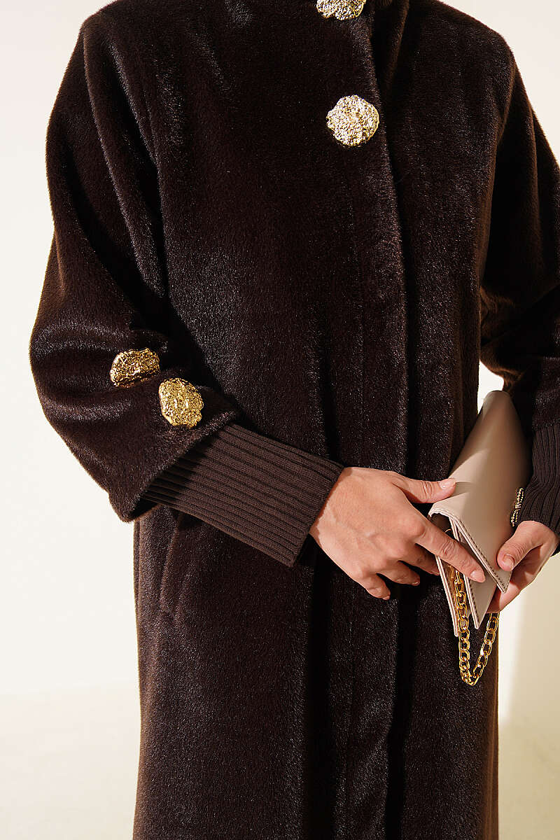 Faux Fur Coat with Brooch - Dark Brown
