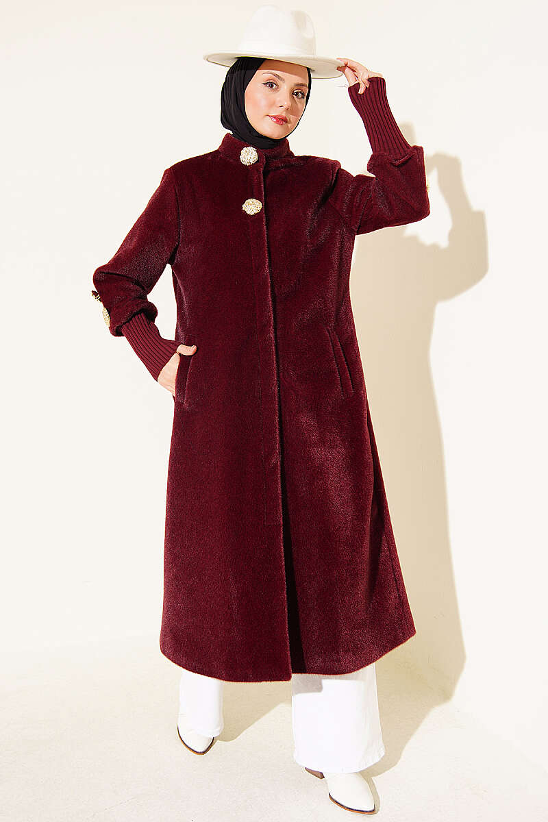 Faux Fur Coat with Brooch - Burgundy