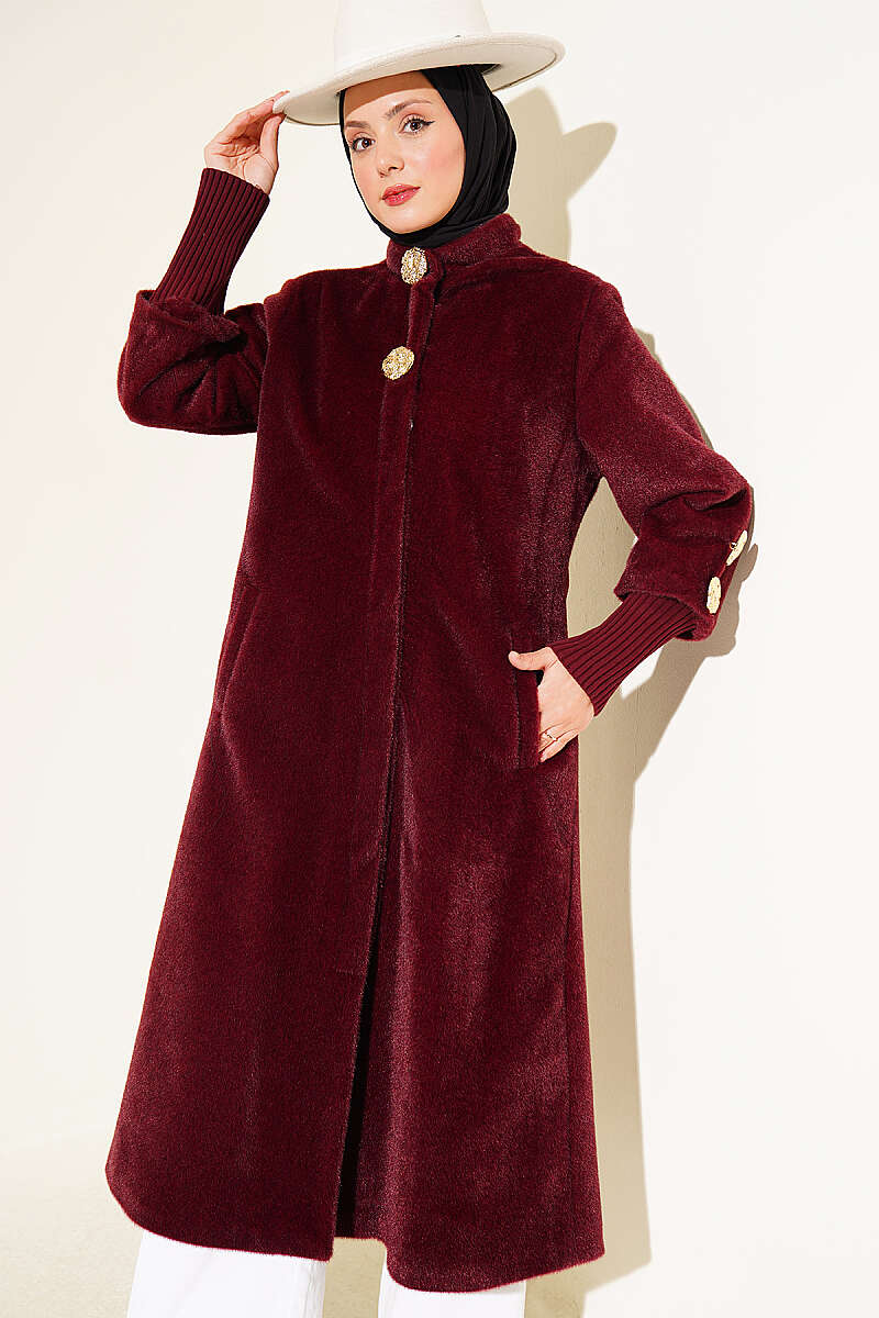 Faux Fur Coat with Brooch - Burgundy
