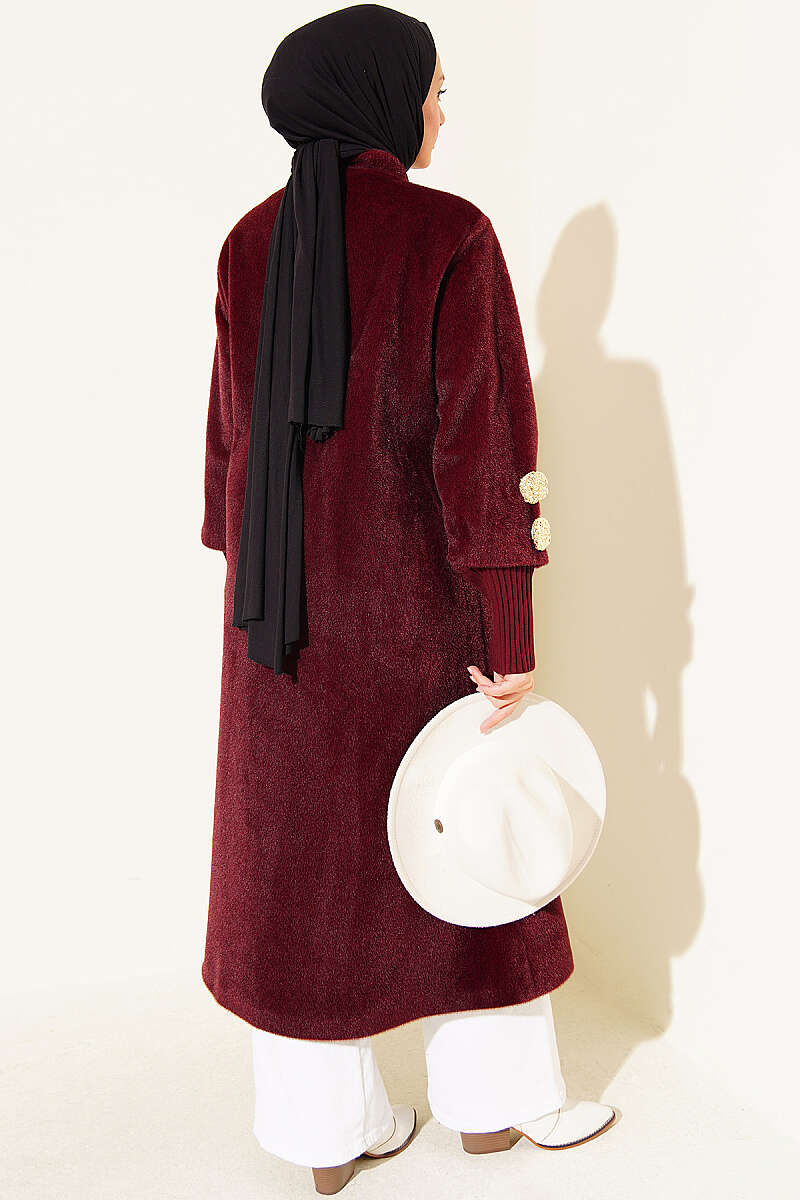 Faux Fur Coat with Brooch - Burgundy
