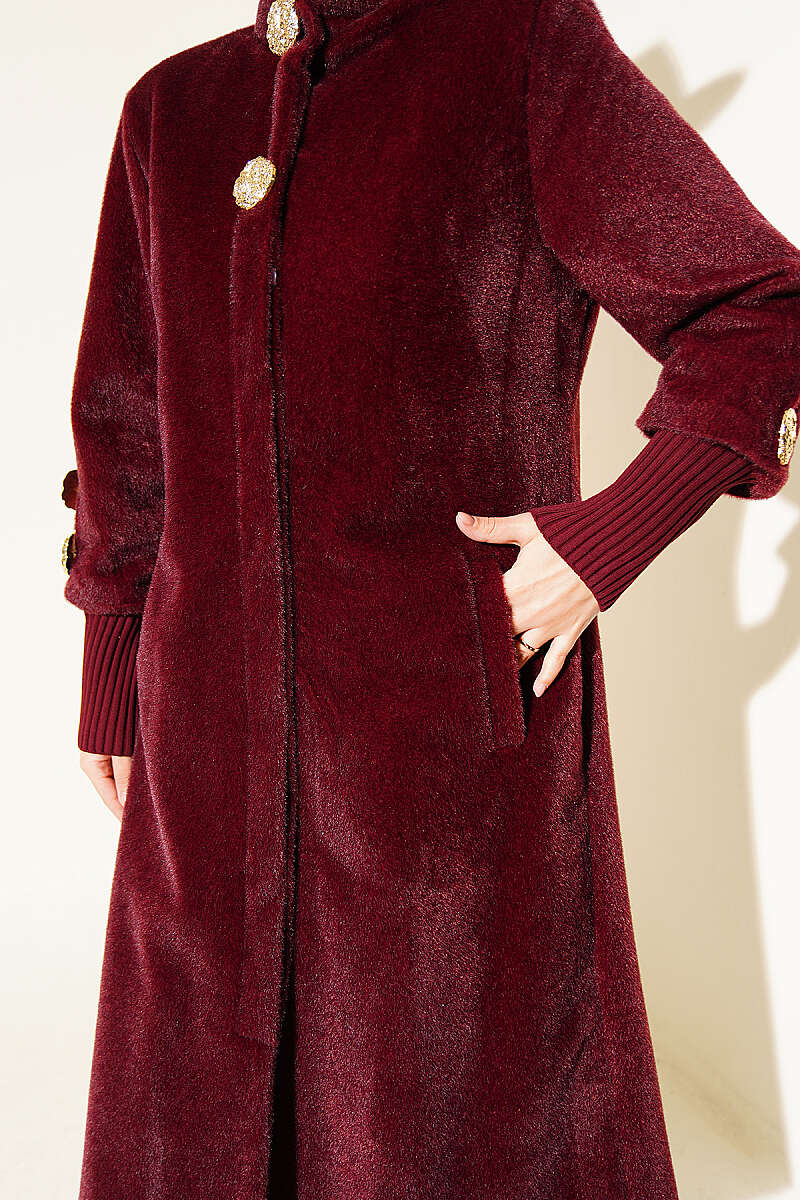 Faux Fur Coat with Brooch - Burgundy