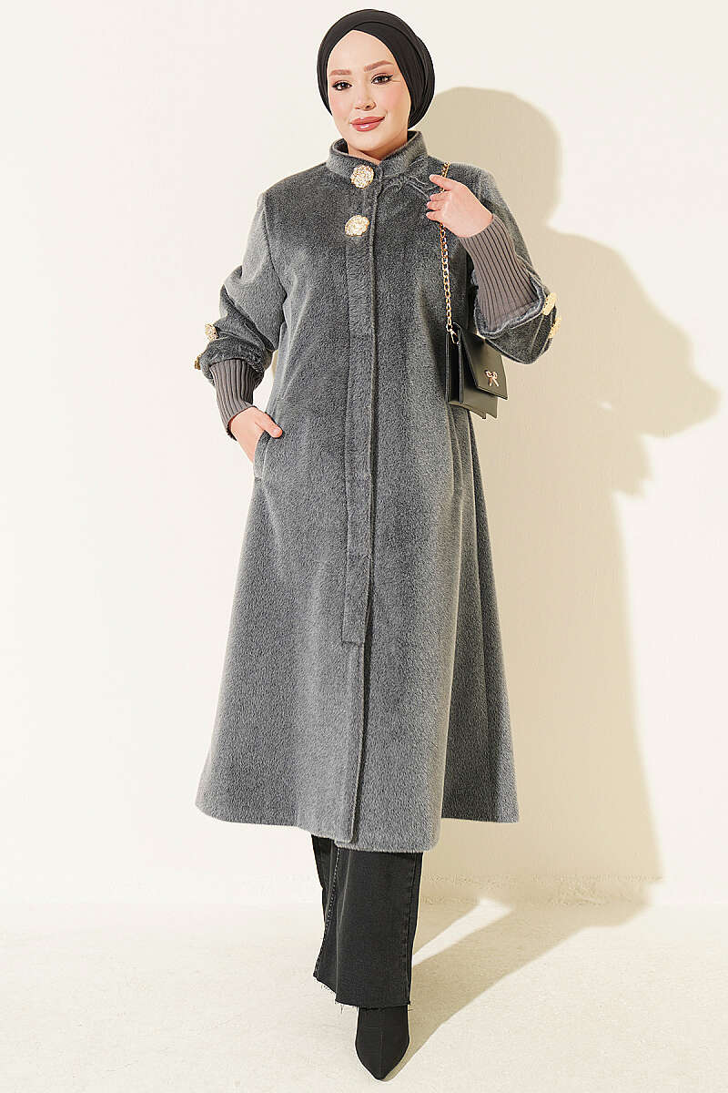 Faux Fur Coat with Brooch - Grey