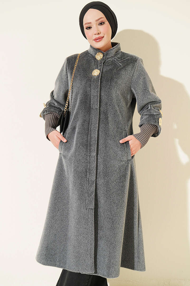 Faux Fur Coat with Brooch - Grey