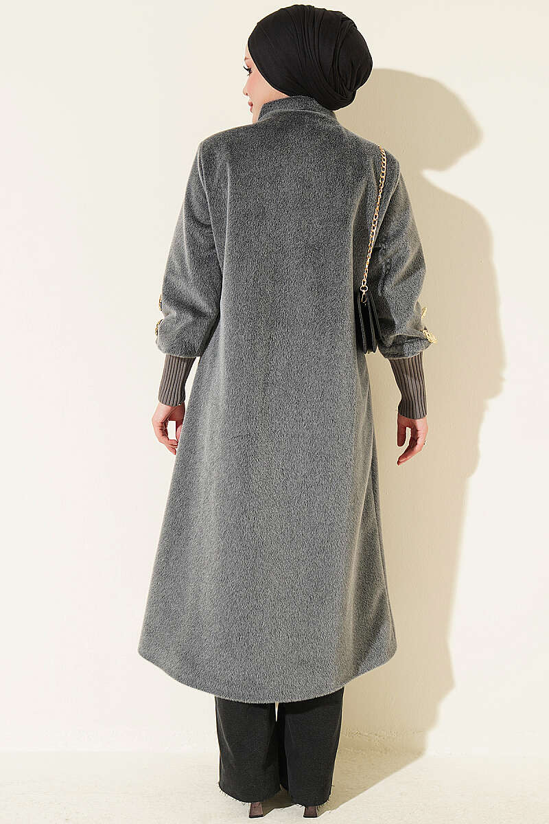 Faux Fur Coat with Brooch - Grey