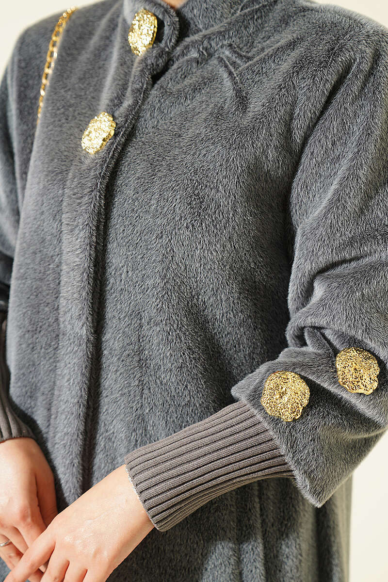 Faux Fur Coat with Brooch - Grey