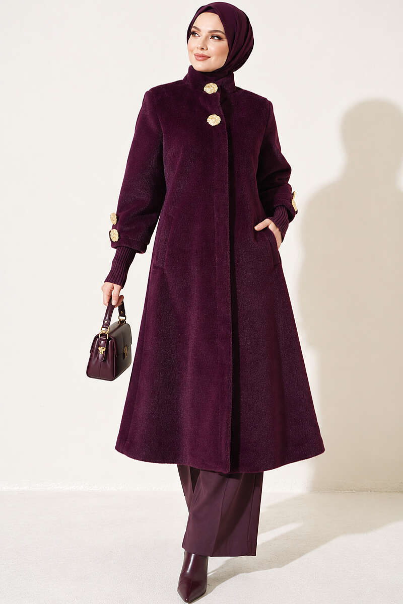 Faux Fur Coat with Brooch - Plum
