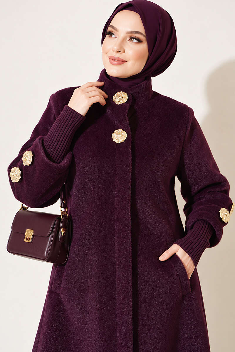 Faux Fur Coat with Brooch - Plum