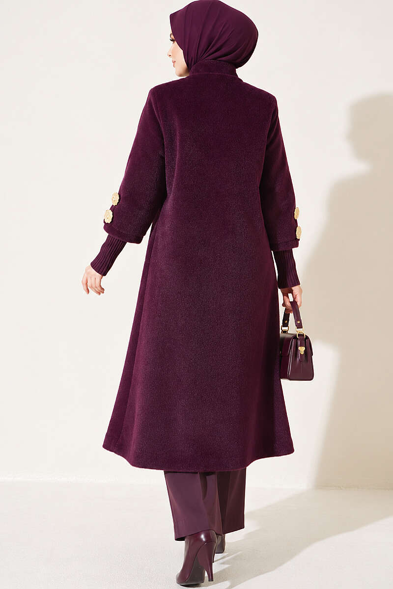 Faux Fur Coat with Brooch - Plum