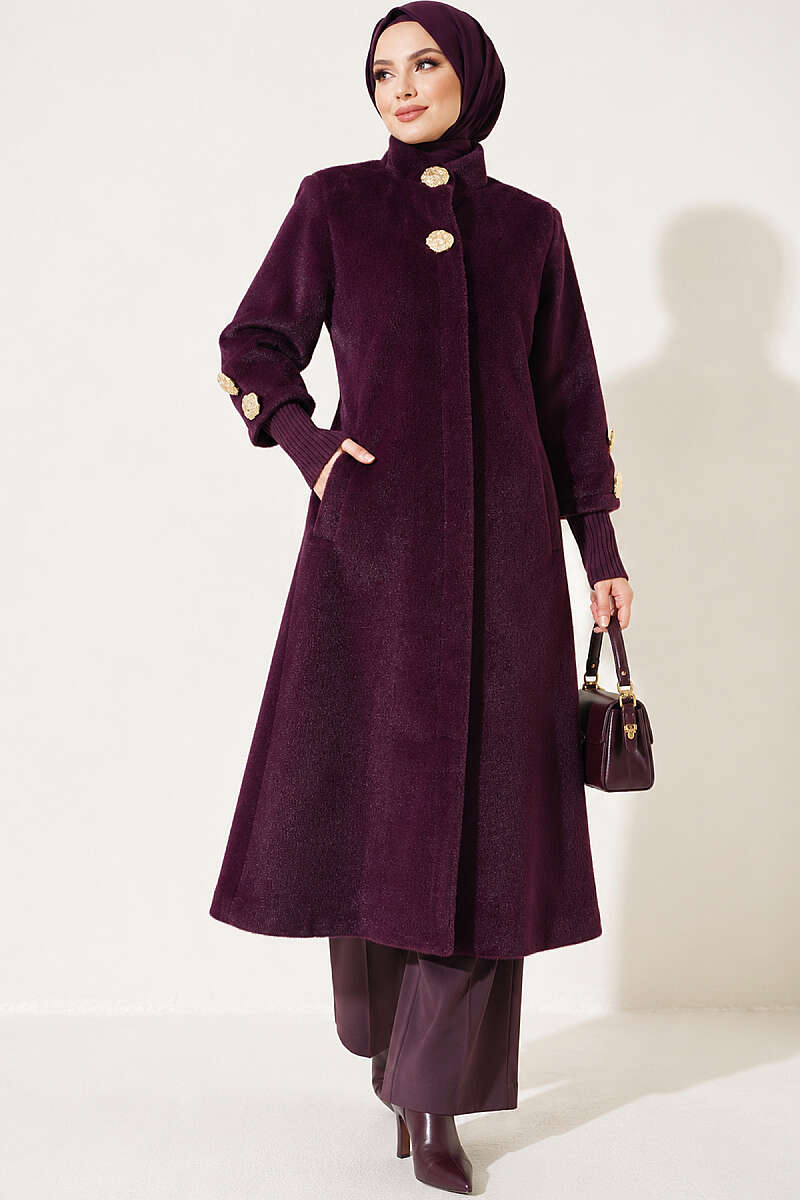 Faux Fur Coat with Brooch - Plum