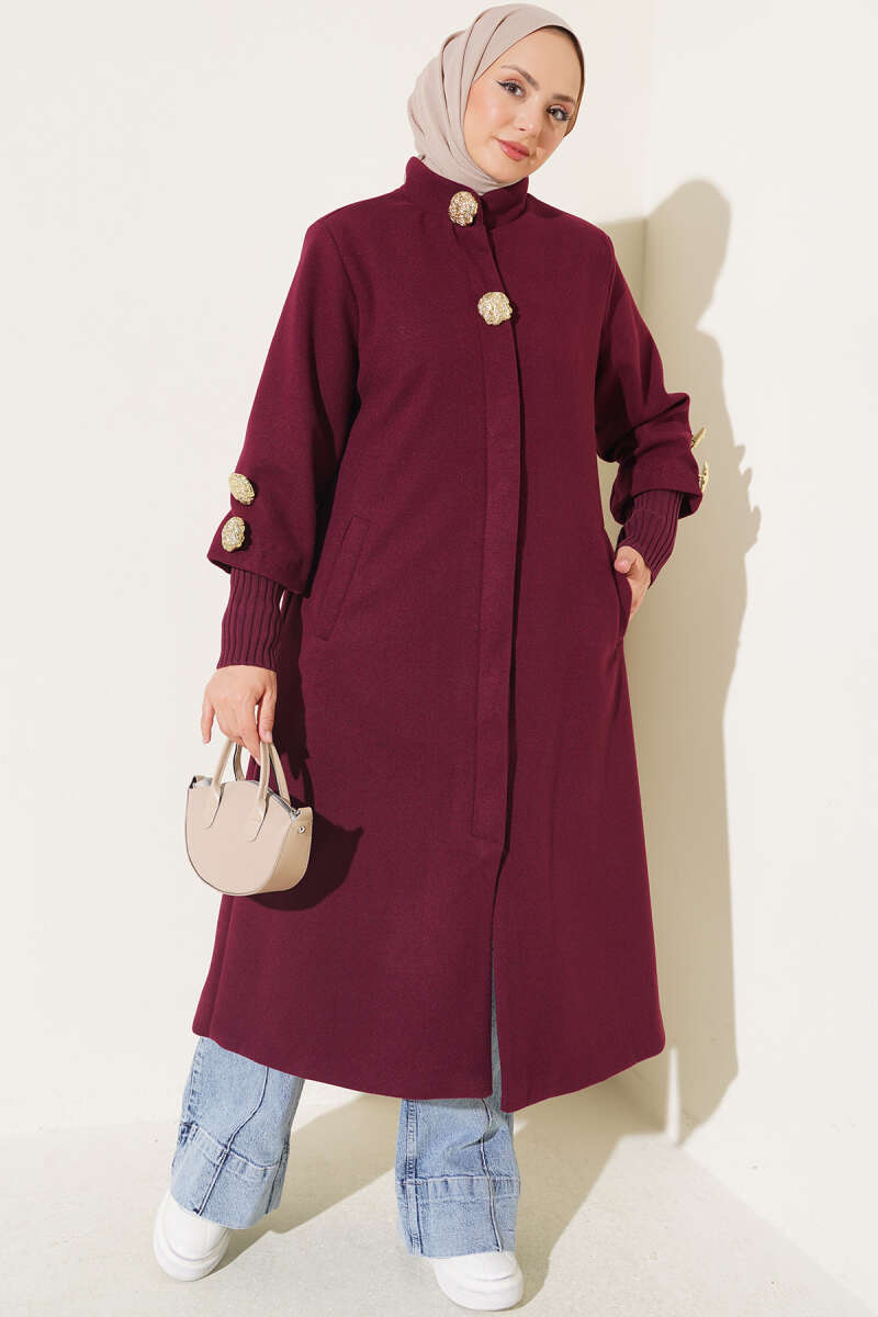 Ribbed Felt Coat with Gold Buttons - Plum