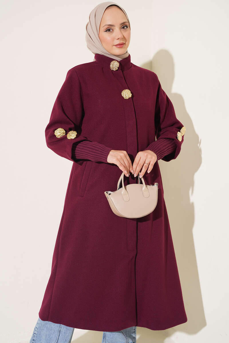 Ribbed Felt Coat with Gold Buttons - Plum