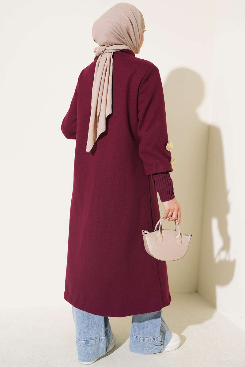 Ribbed Felt Coat with Gold Buttons - Plum