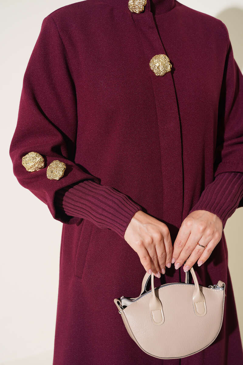 Ribbed Felt Coat with Gold Buttons - Plum