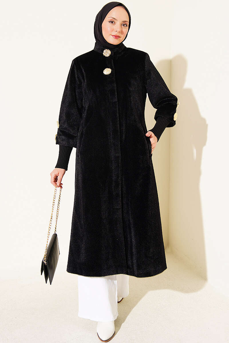 Faux Fur Coat with Brooch - Black