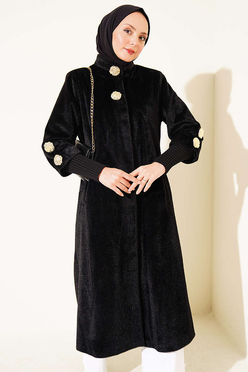 Faux Fur Coat with Brooch - Black