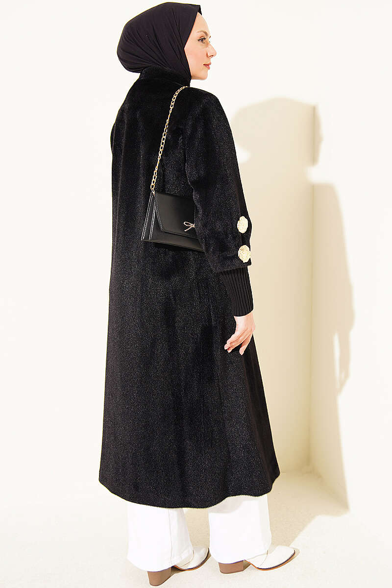 Faux Fur Coat with Brooch - Black