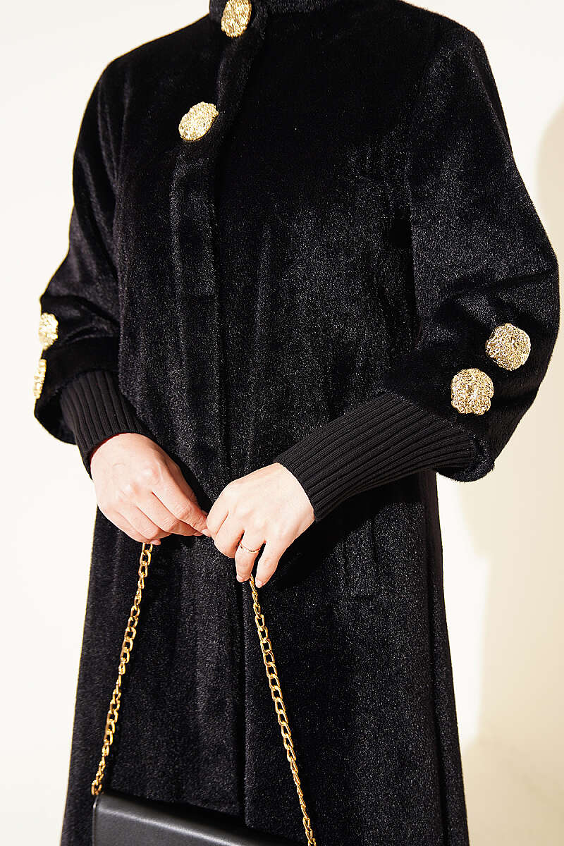 Faux Fur Coat with Brooch - Black