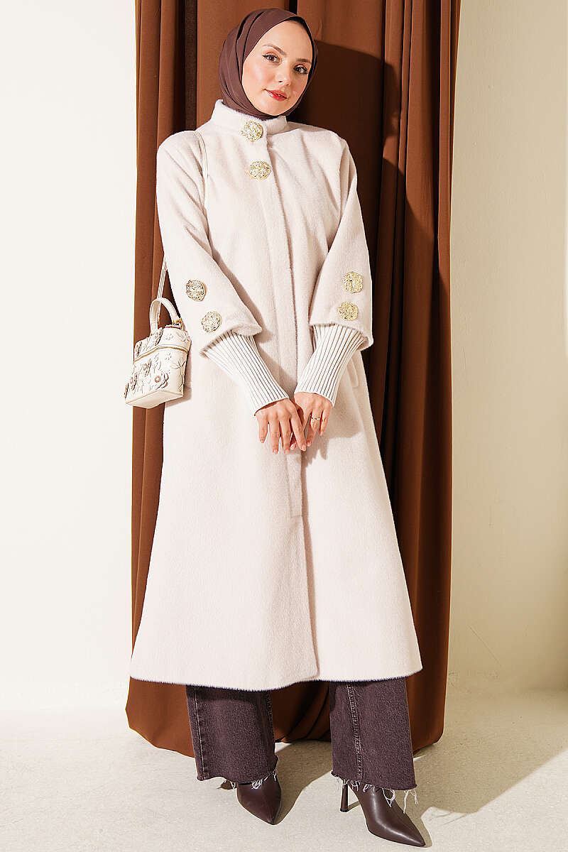 Faux Fur Coat with Brooch - Stone
