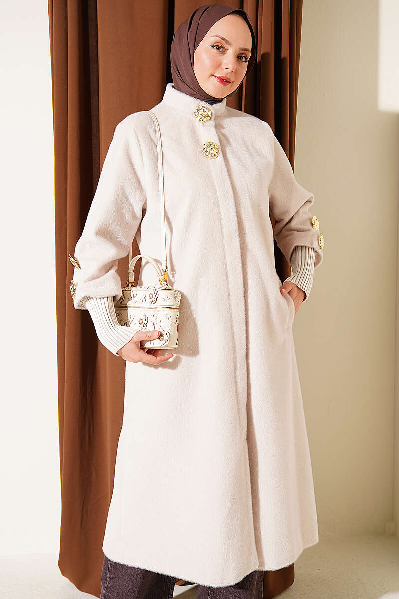 Faux Fur Coat with Brooch - Stone