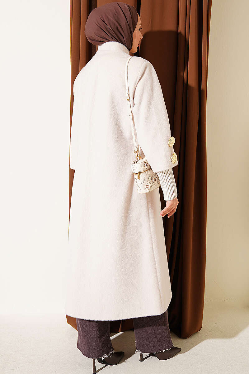 Faux Fur Coat with Brooch - Stone