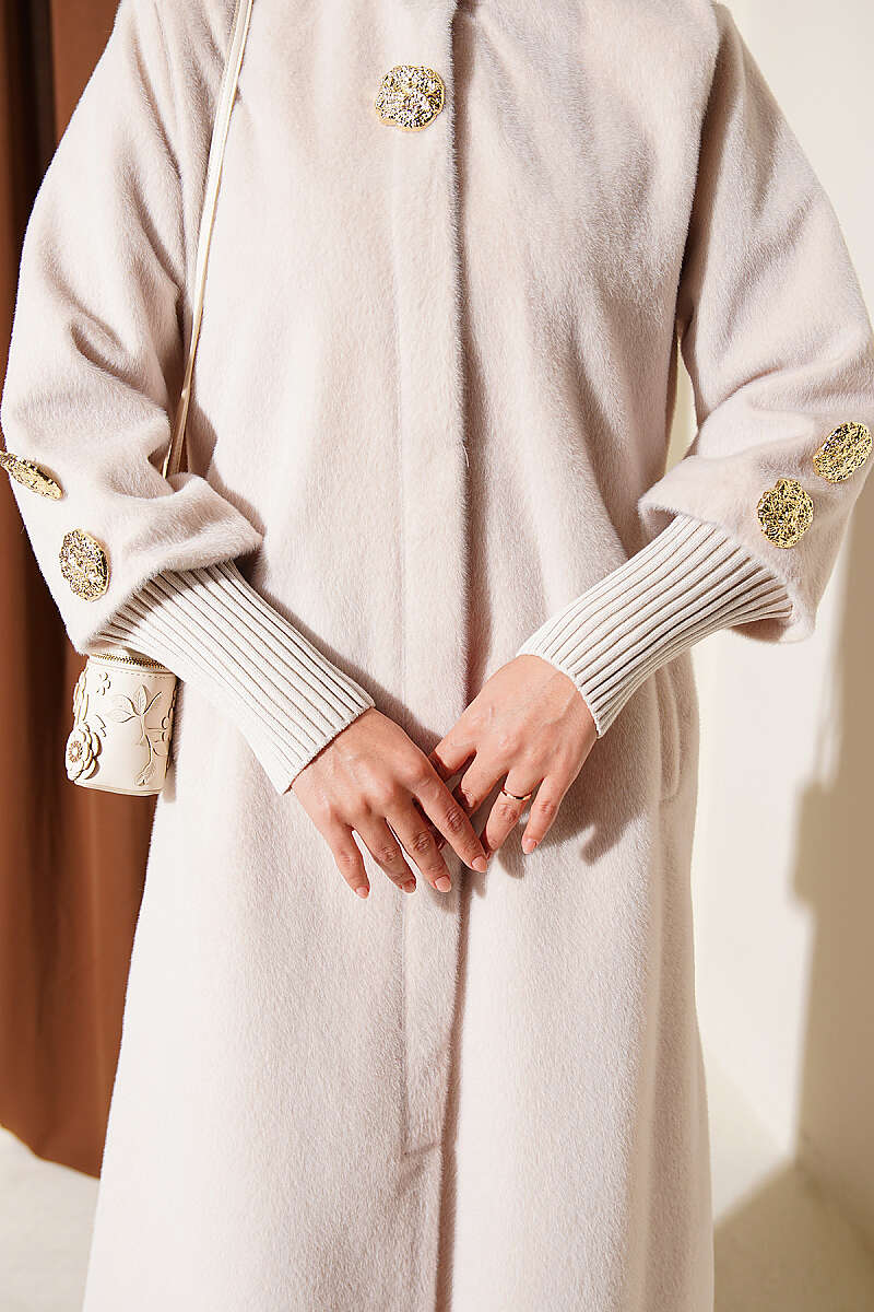 Faux Fur Coat with Brooch - Stone
