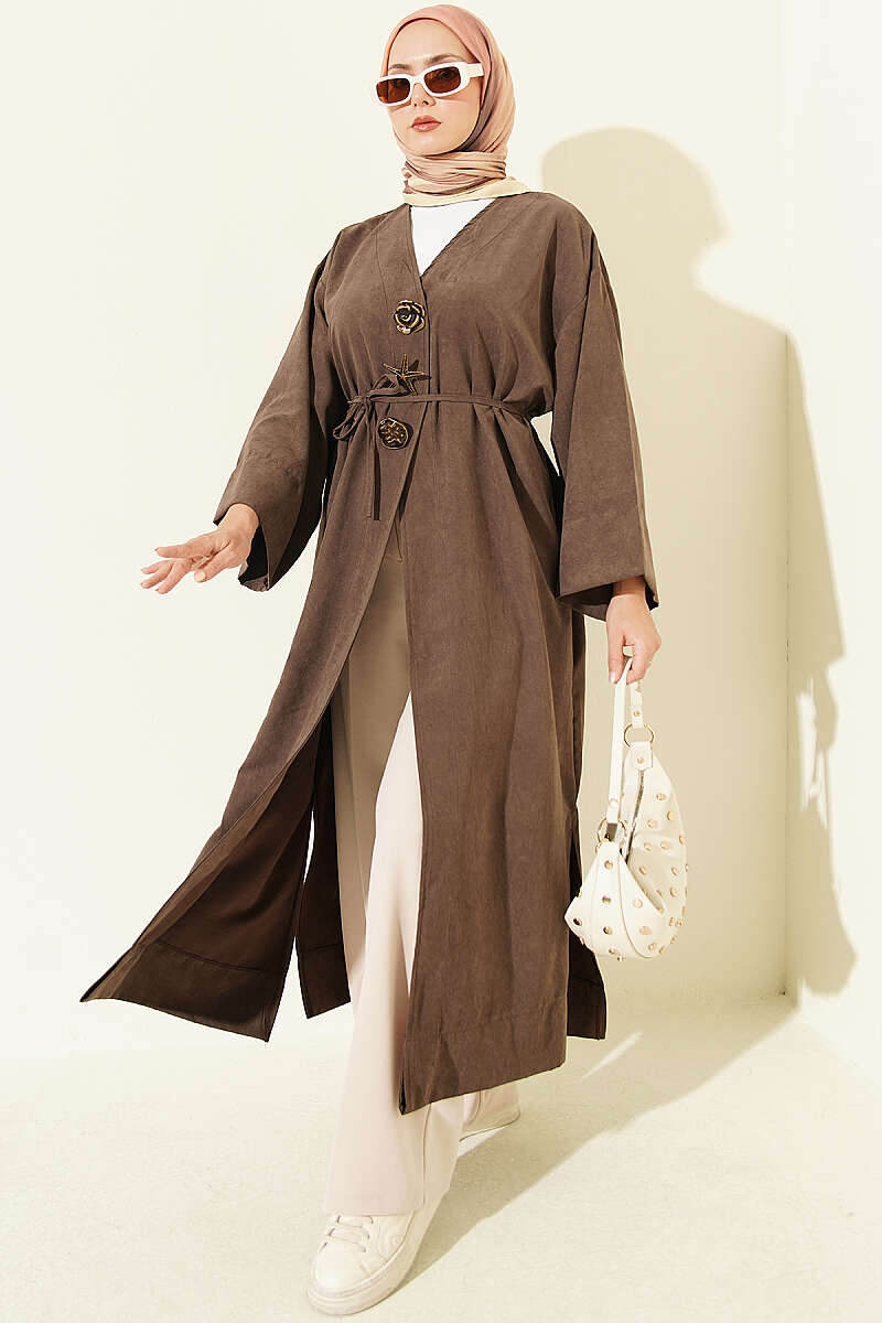 Cape Coat with Brooch and Tie Cord - Brown