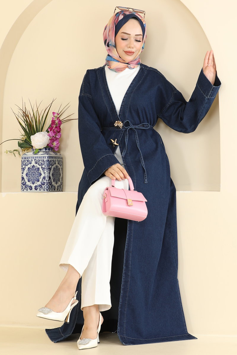 Denim Cape Coat with Brooch - Dark Denim