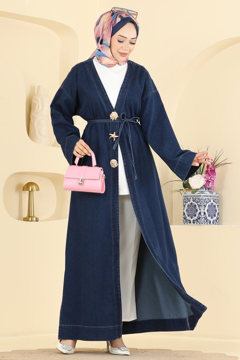Denim Cape Coat with Brooch - Dark Denim