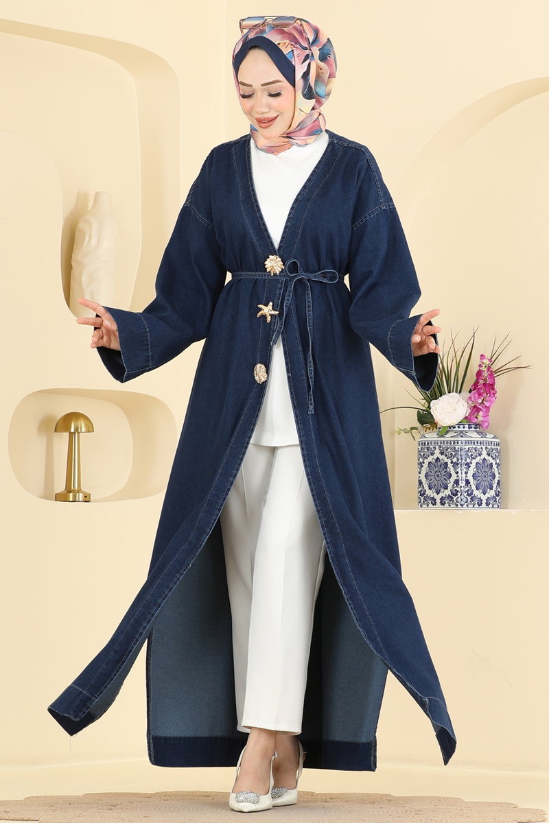 Denim Cape Coat with Brooch - Dark Denim