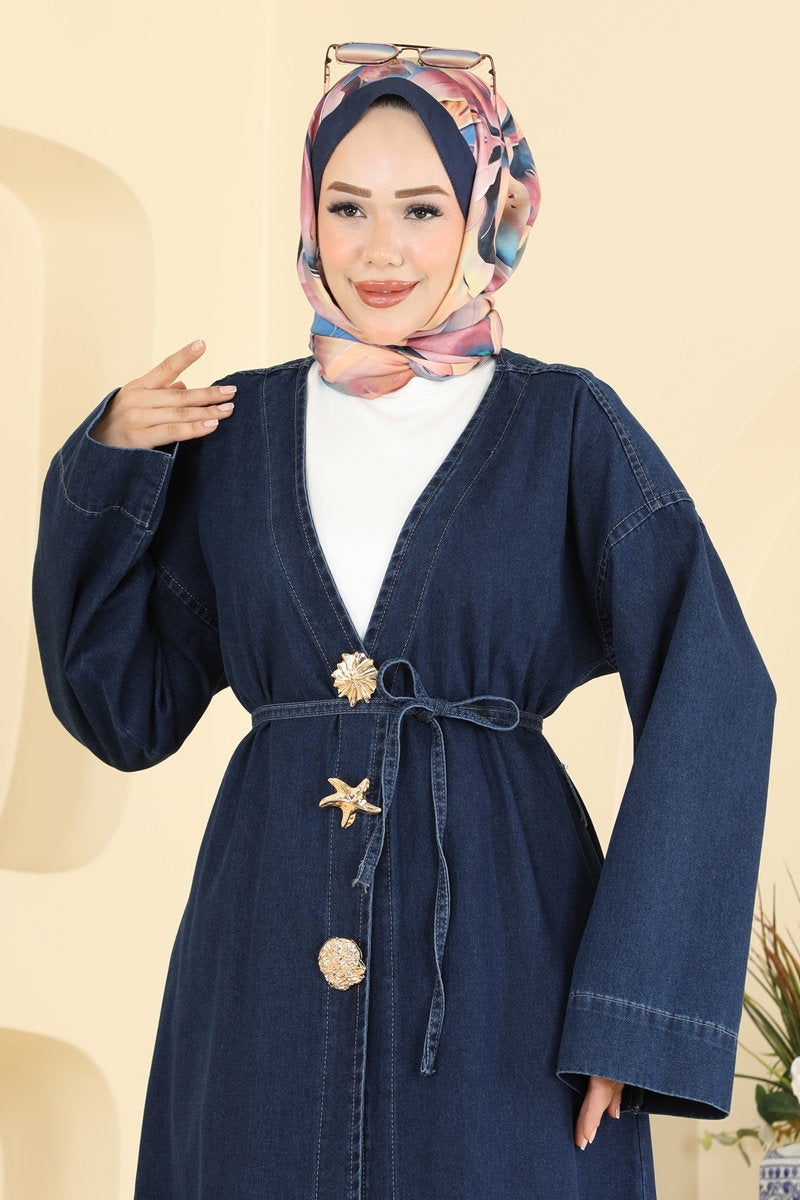 Denim Cape Coat with Brooch - Dark Denim