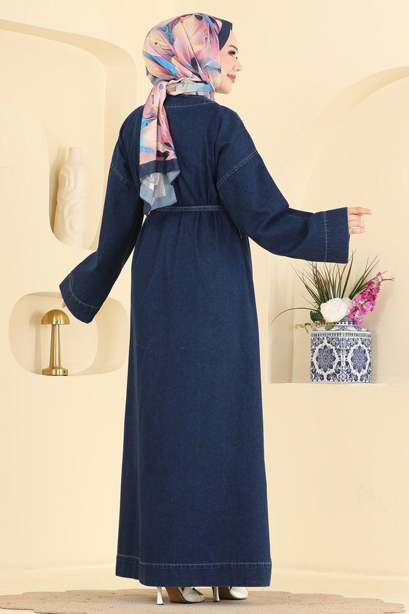 Denim Cape Coat with Brooch - Dark Denim