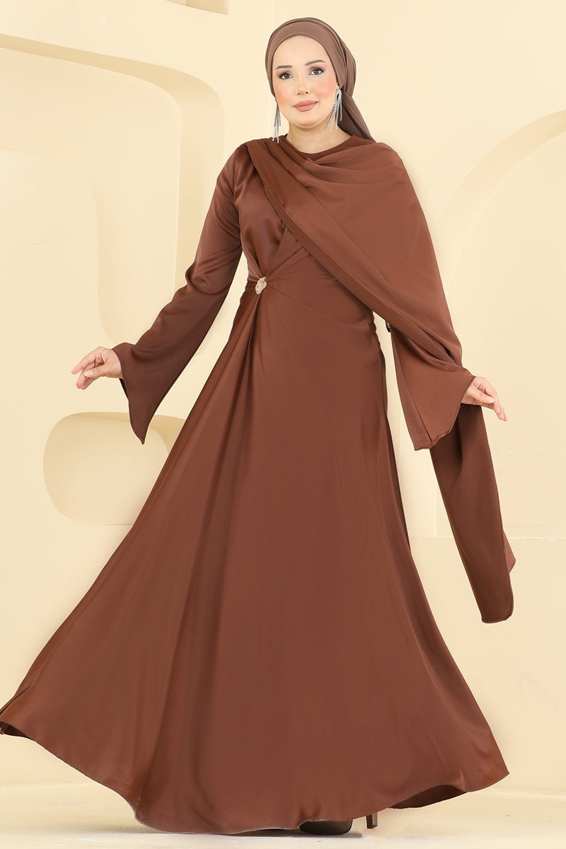 Brooch-Detail Satin Evening Dress - Light Brown