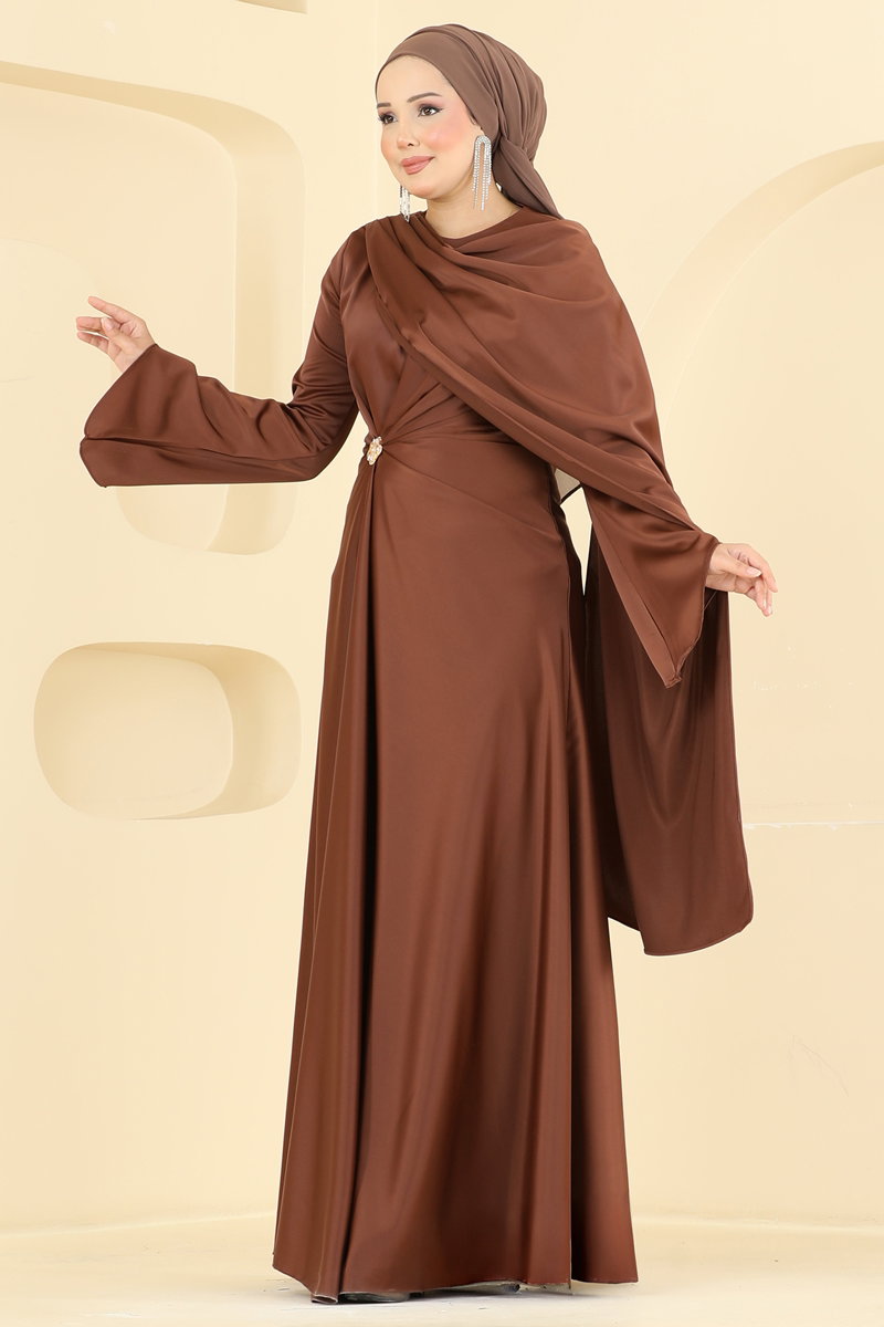 Brooch-Detail Satin Evening Dress - Light Brown