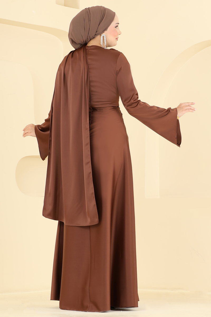 Brooch-Detail Satin Evening Dress - Light Brown