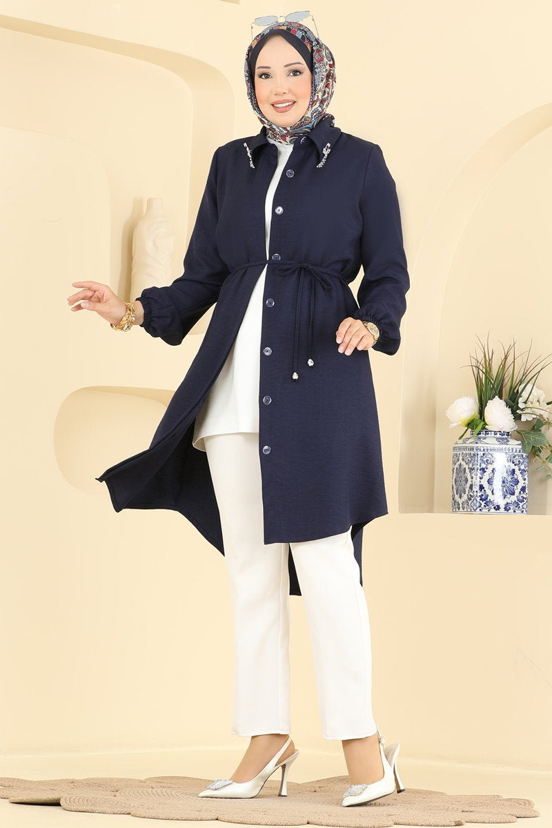 Elegant Linen Tunic with Brooch - Dark Navy
