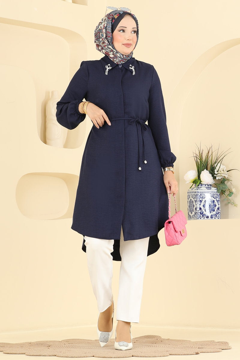 Elegant Linen Tunic with Brooch - Dark Navy