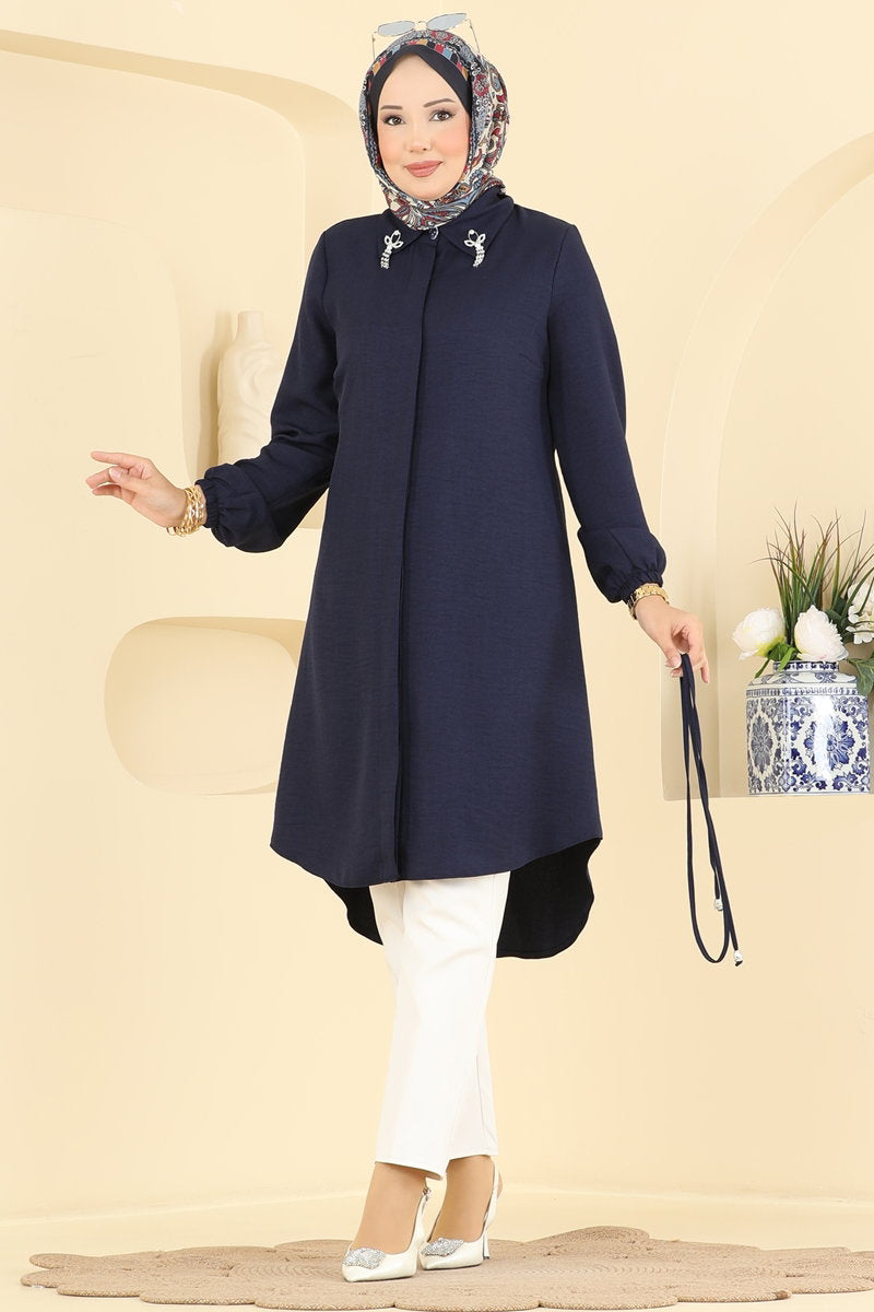 Elegant Linen Tunic with Brooch - Dark Navy