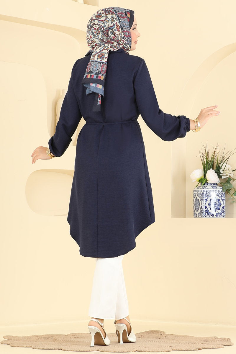 Elegant Linen Tunic with Brooch - Dark Navy