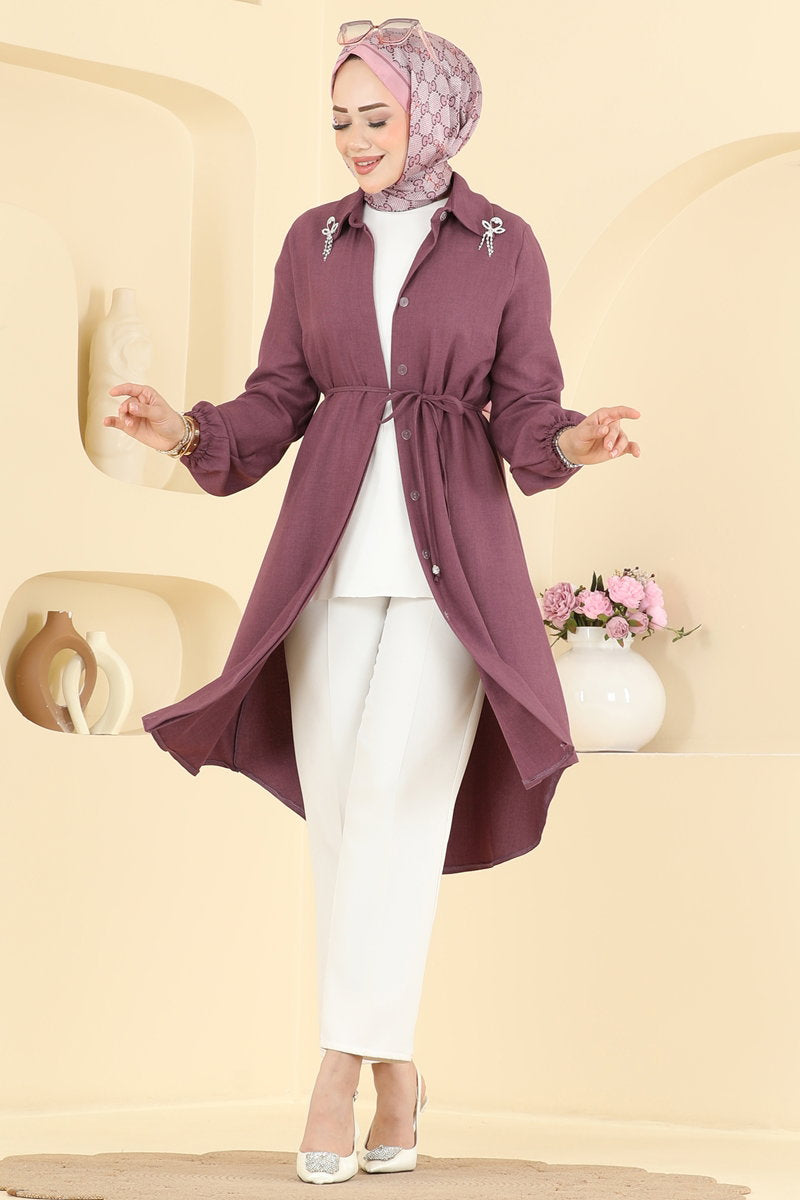 Elegant Linen Tunic with Brooch - Dark Lilac