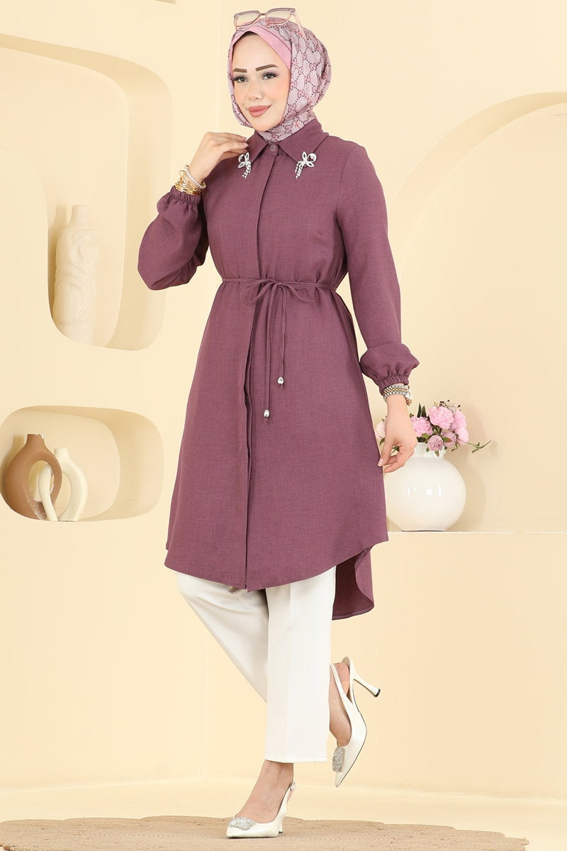 Elegant Linen Tunic with Brooch - Dark Lilac
