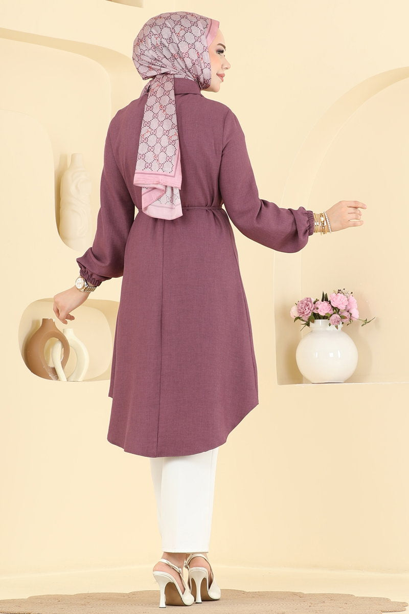 Elegant Linen Tunic with Brooch - Dark Lilac