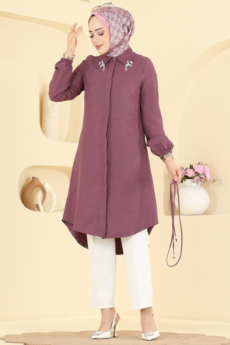 Elegant Linen Tunic with Brooch - Dark Lilac