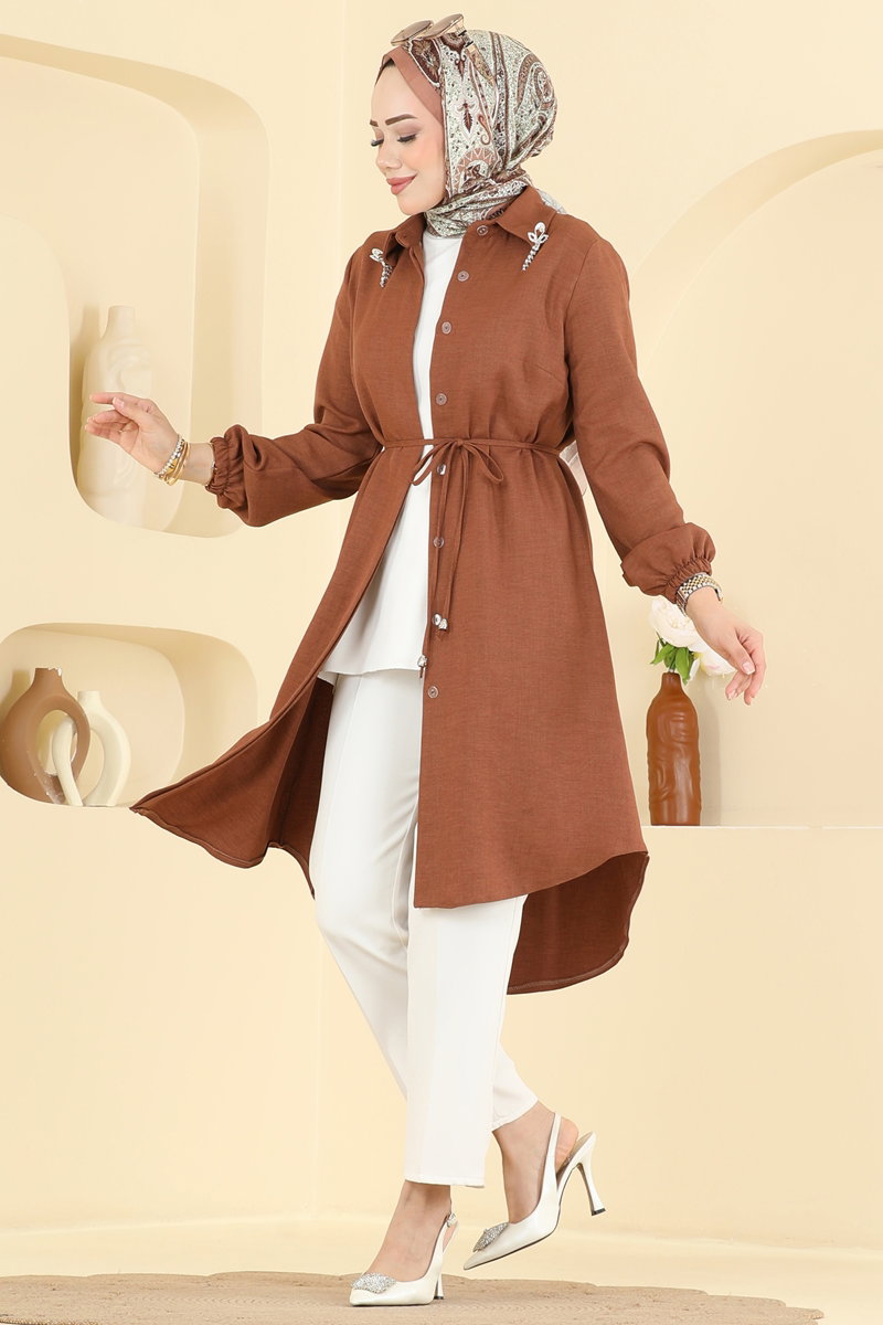 Elegant Linen Tunic with Brooch - Tan