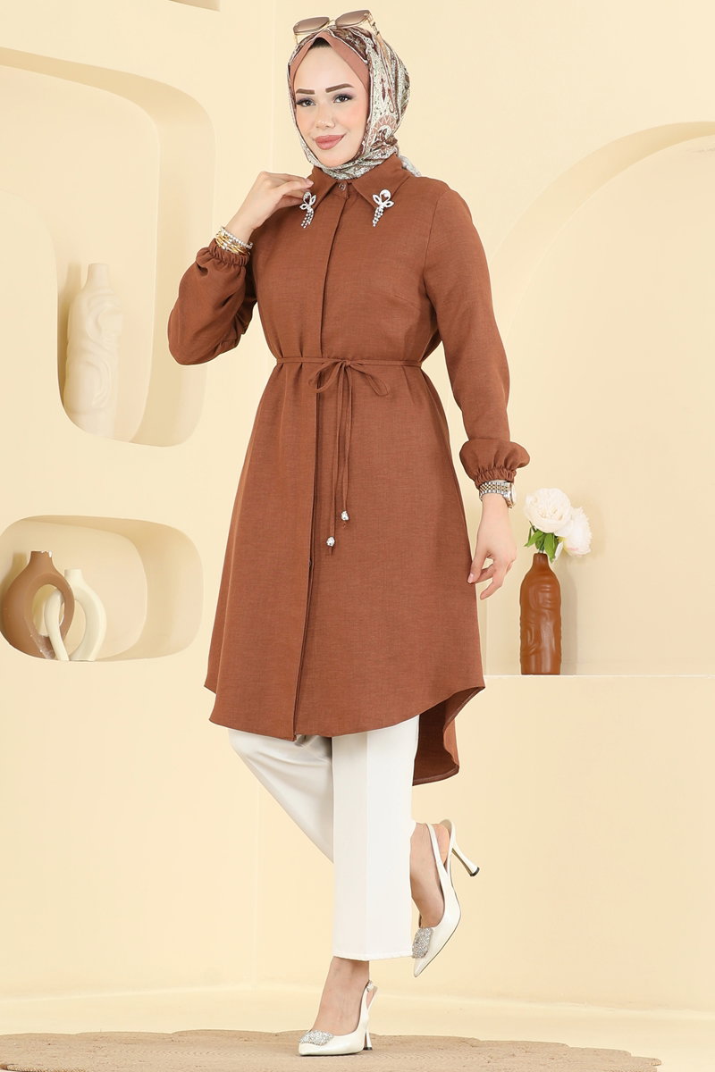 Elegant Linen Tunic with Brooch - Tan