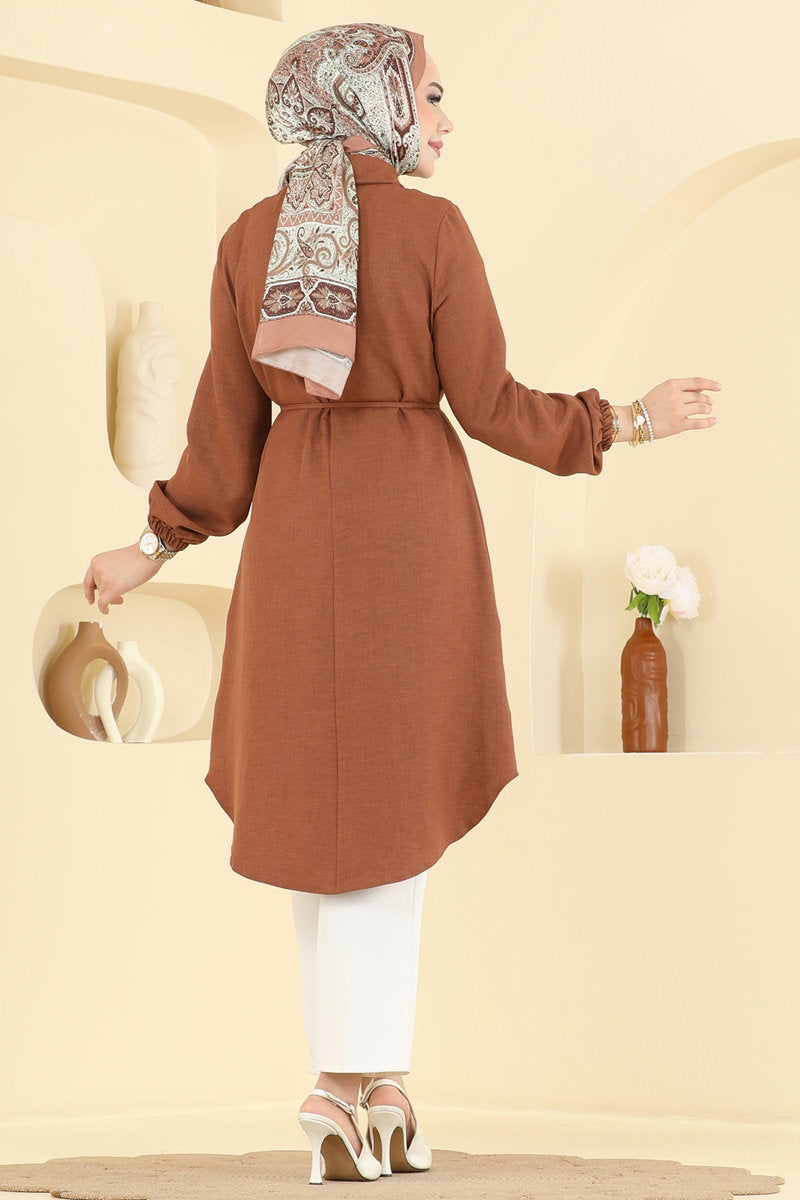 Elegant Linen Tunic with Brooch - Tan