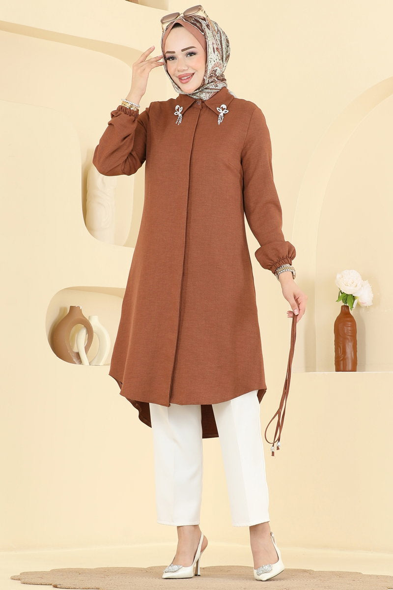 Elegant Linen Tunic with Brooch - Tan