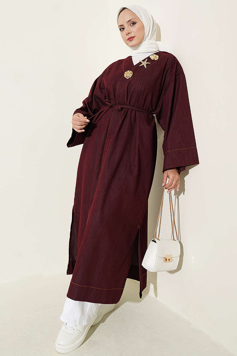Long Cape Coat with Brooch and Tie - Burgundy