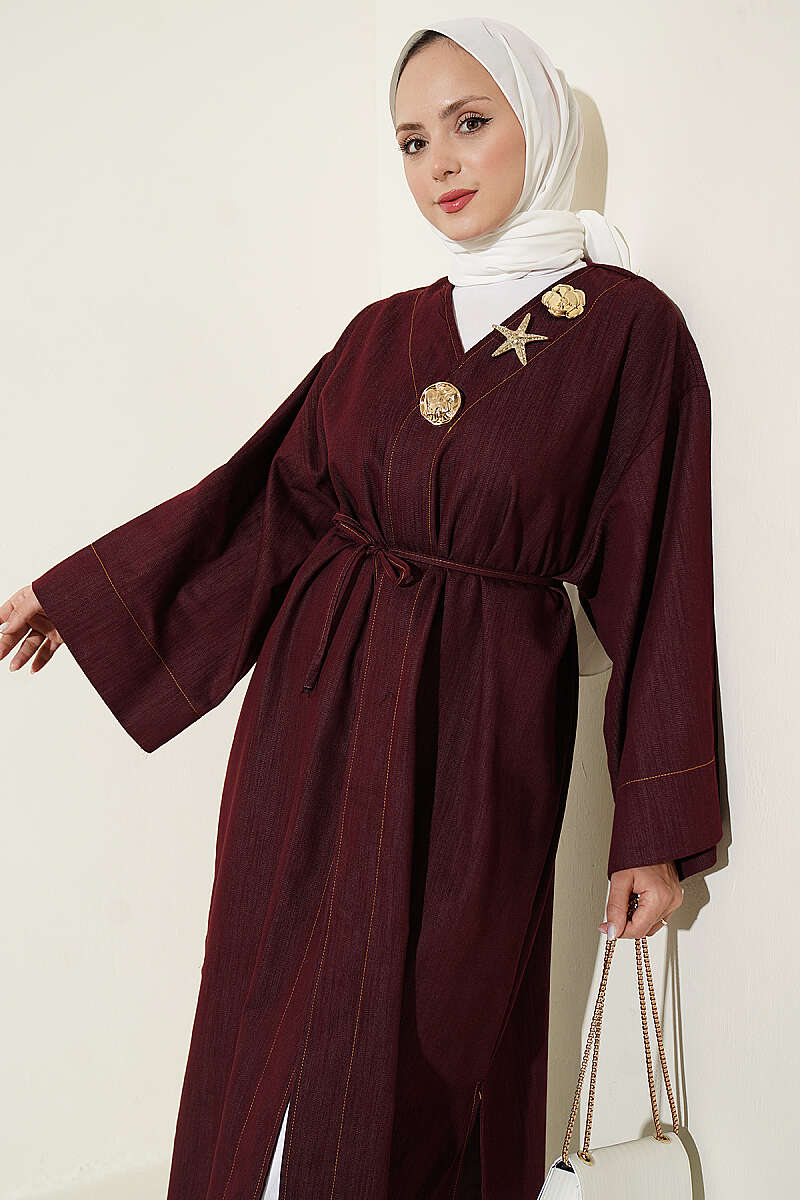 Long Cape Coat with Brooch and Tie - Burgundy