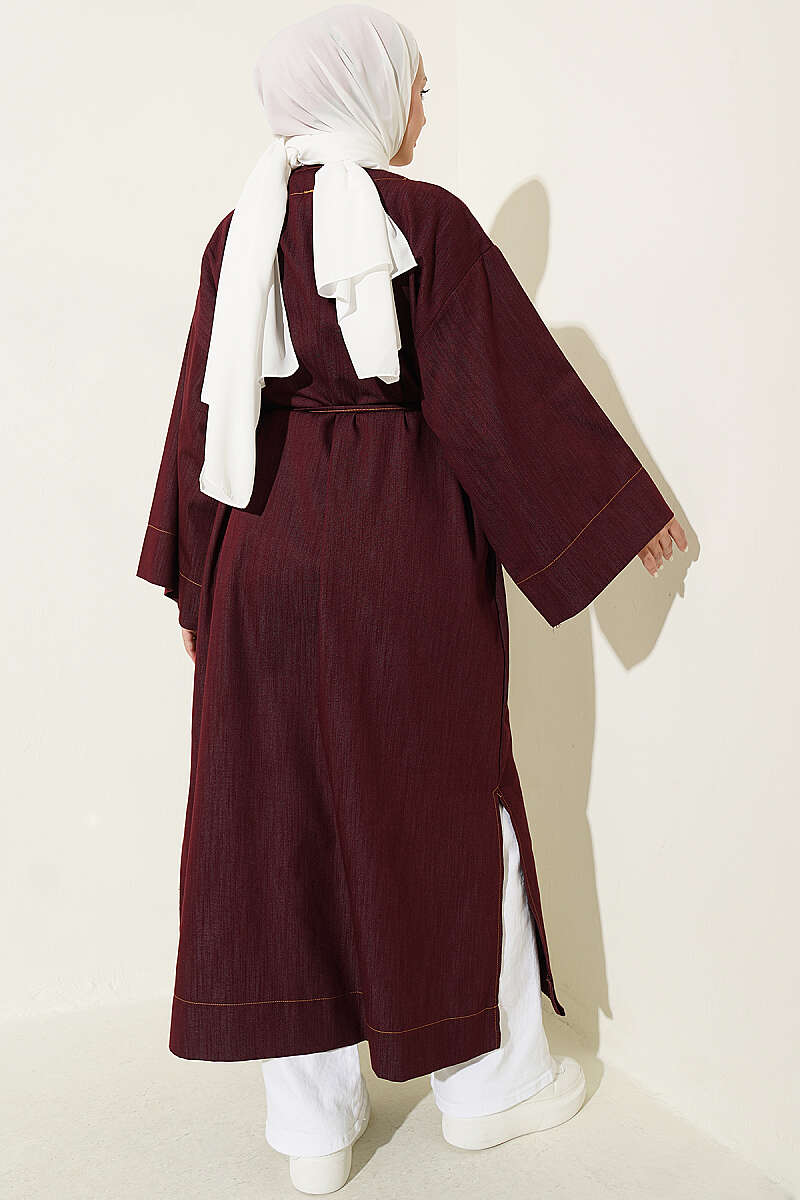 Long Cape Coat with Brooch and Tie - Burgundy